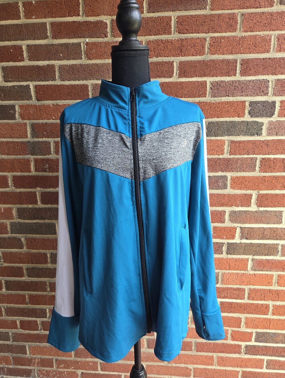 Body Instincts Turquoise & Feather Grey Knit Full Zip Womens Fleece | Size 1XL